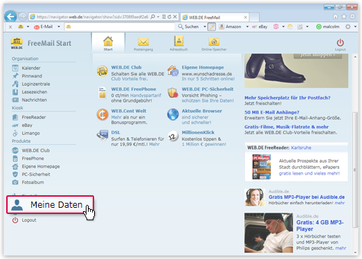 Passwort ändern, Adressdaten ändern und E-Mail-Konto löschen